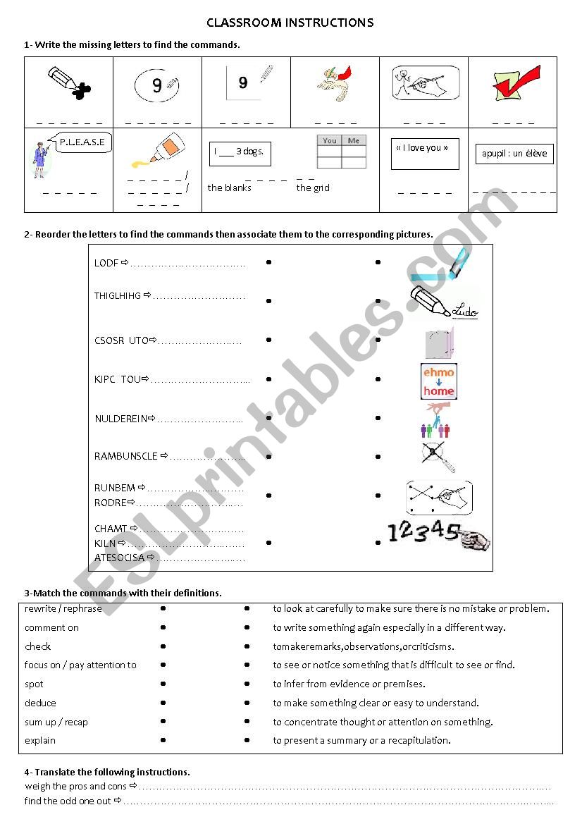 CLASSROOM INSTRUCTIONS worksheet