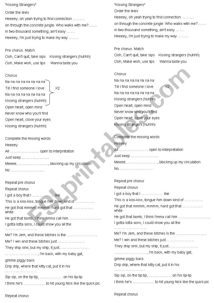 Kissing strangers worksheet