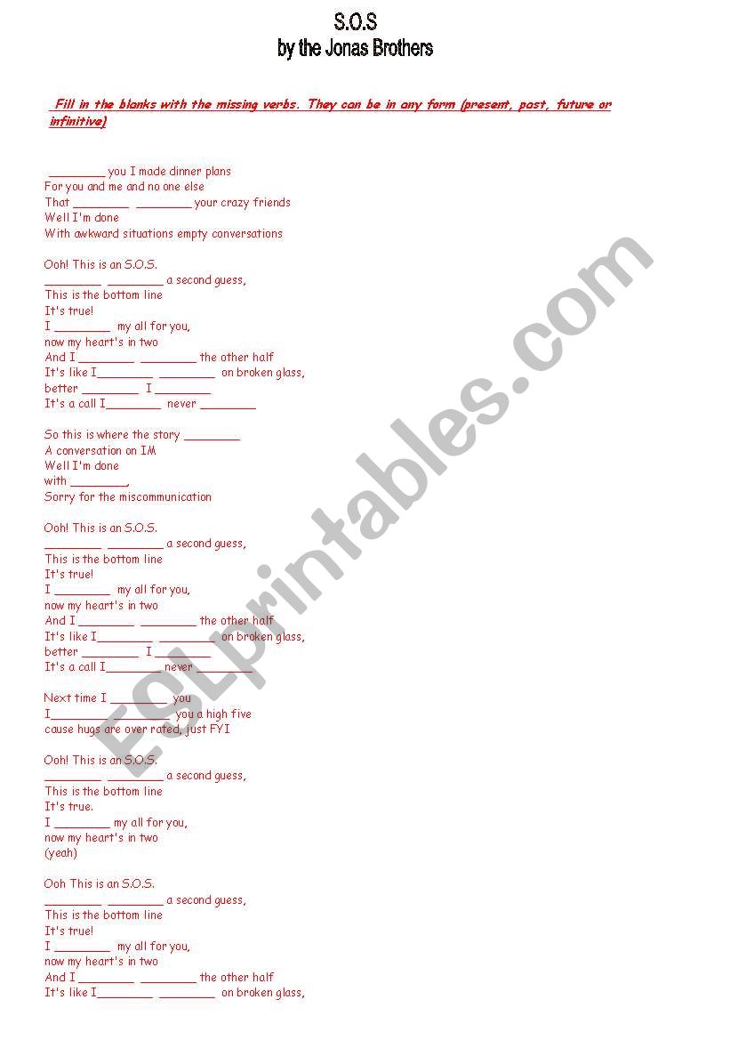 SoS by the JoNaS BrOtHeRs! worksheet