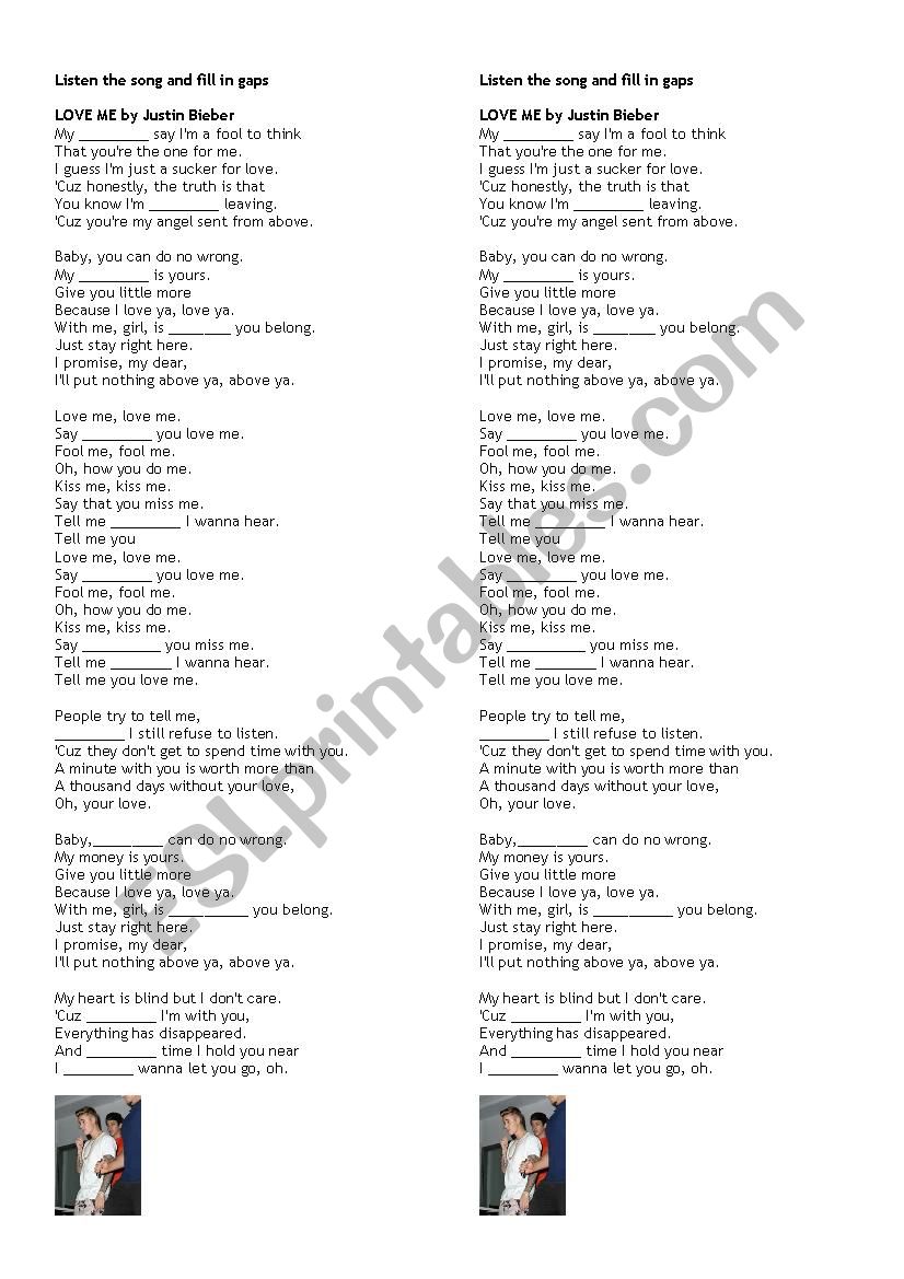 Love me by Justin Bieber worksheet