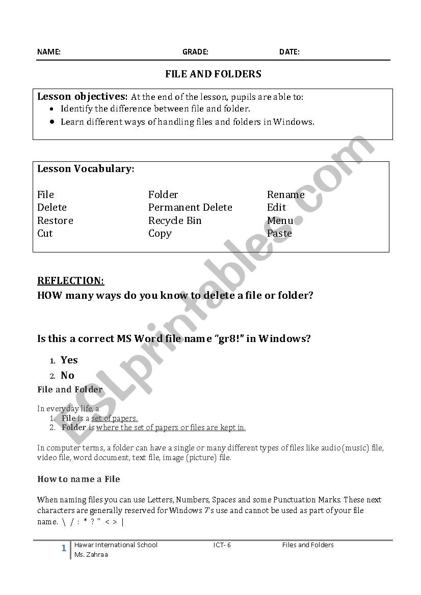 files and folders worksheet