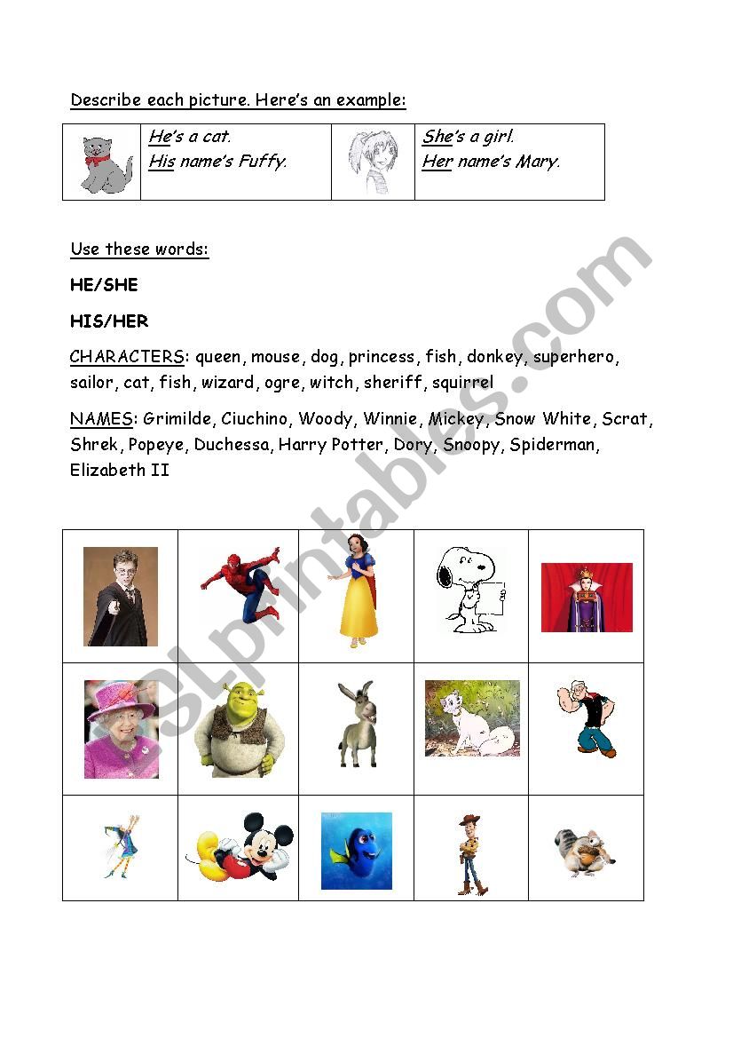 His her cartoon characters worksheet