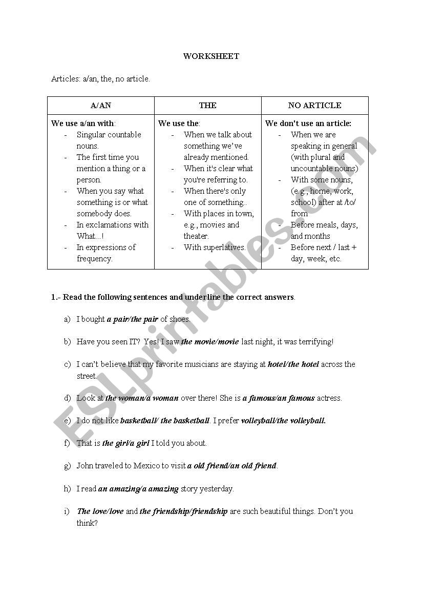 Articles: a/an, the, no article.