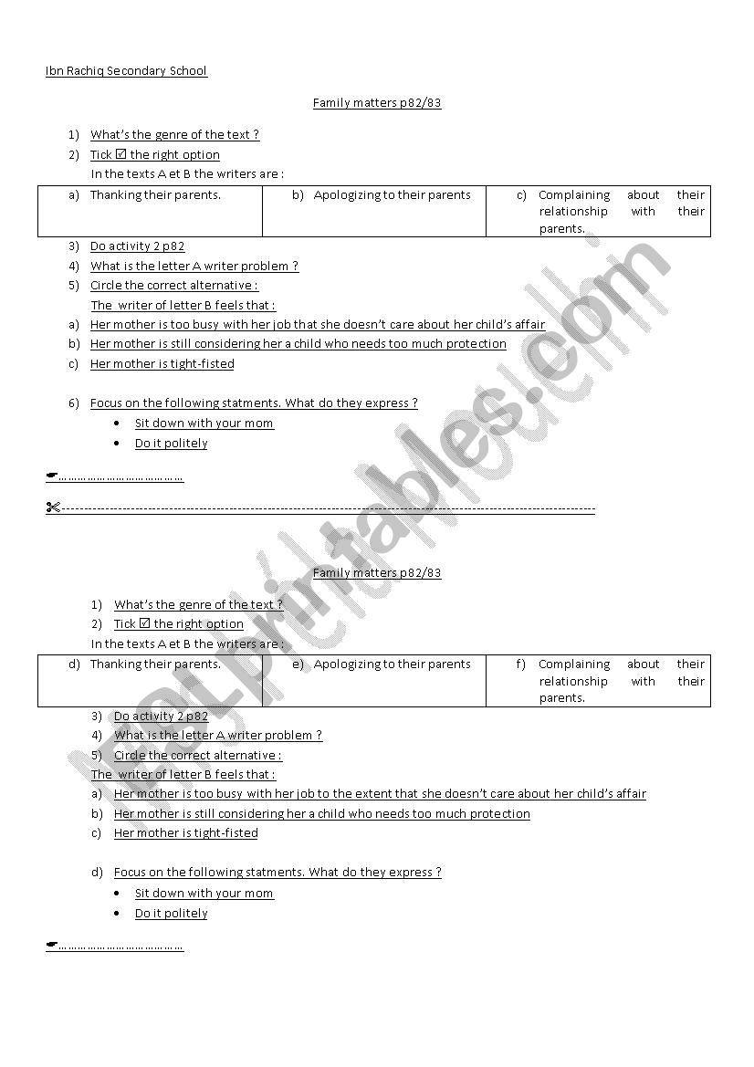 family matters worksheet