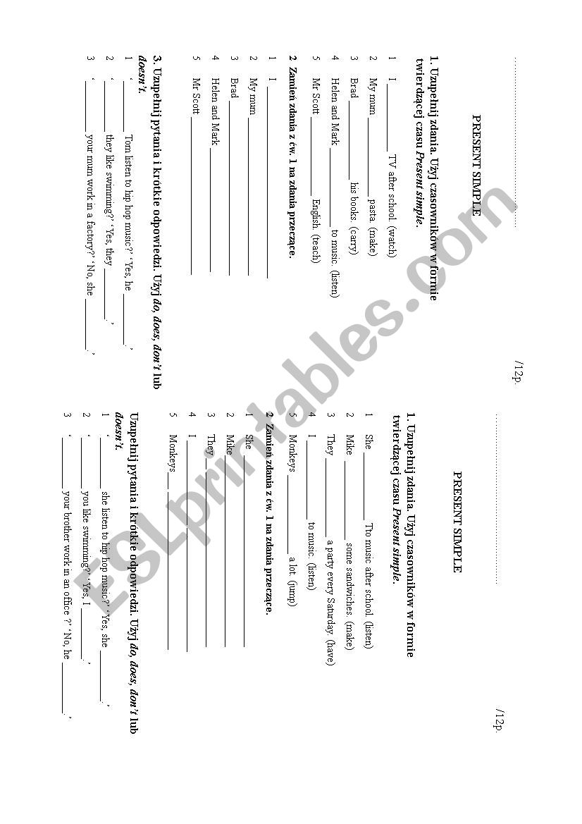 Present Simple test worksheet