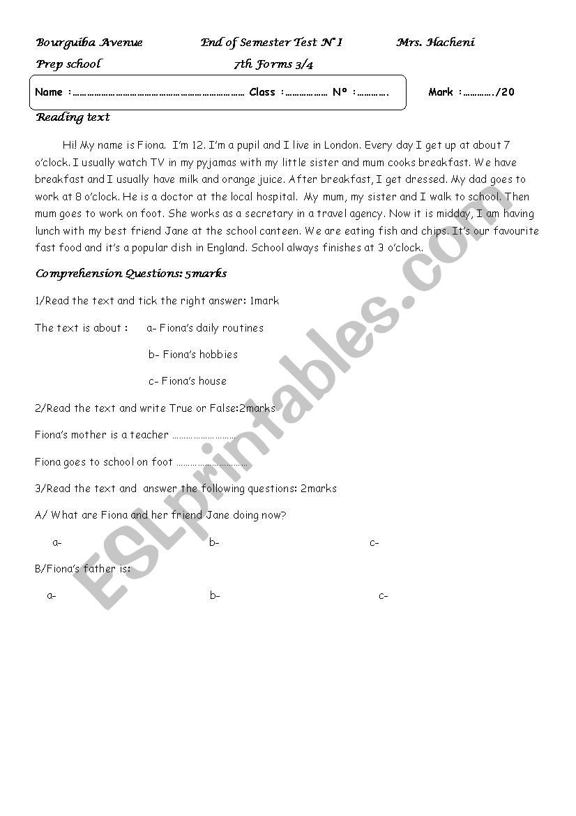 test intermediate level worksheet