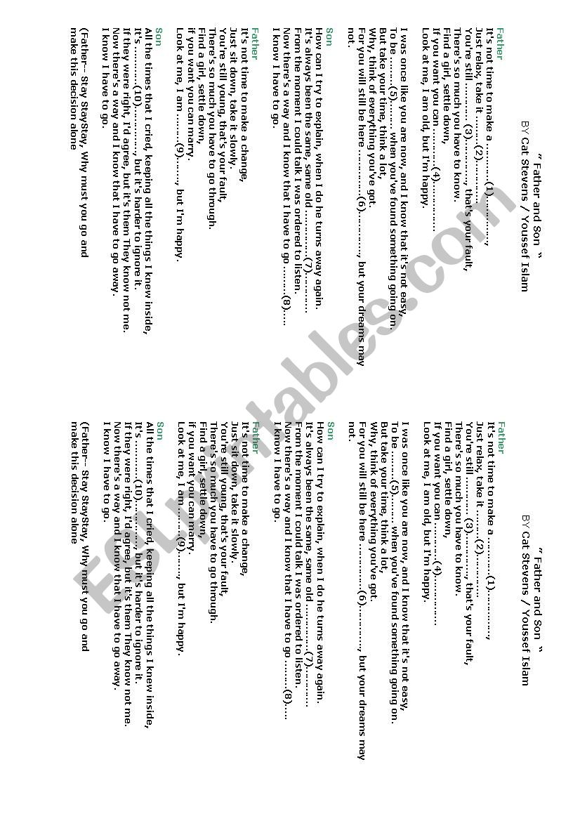 Father and son song worksheet