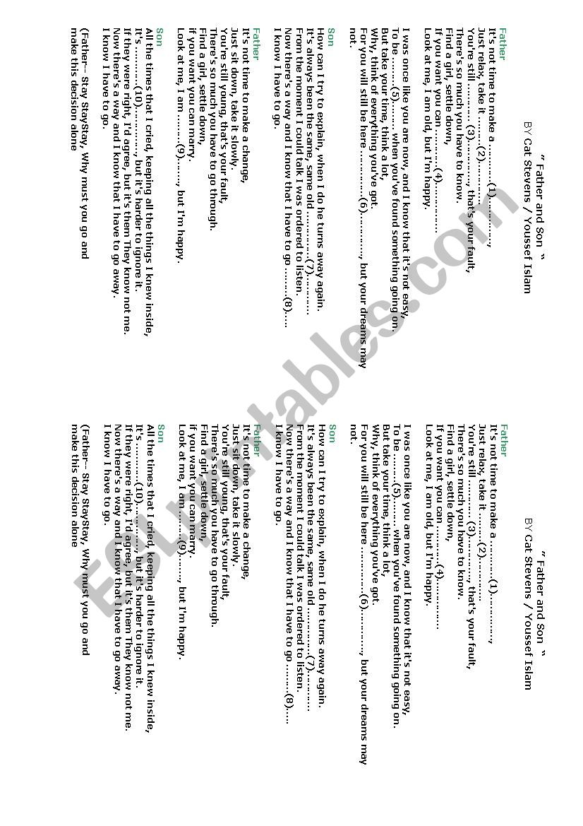Father and son song worksheet