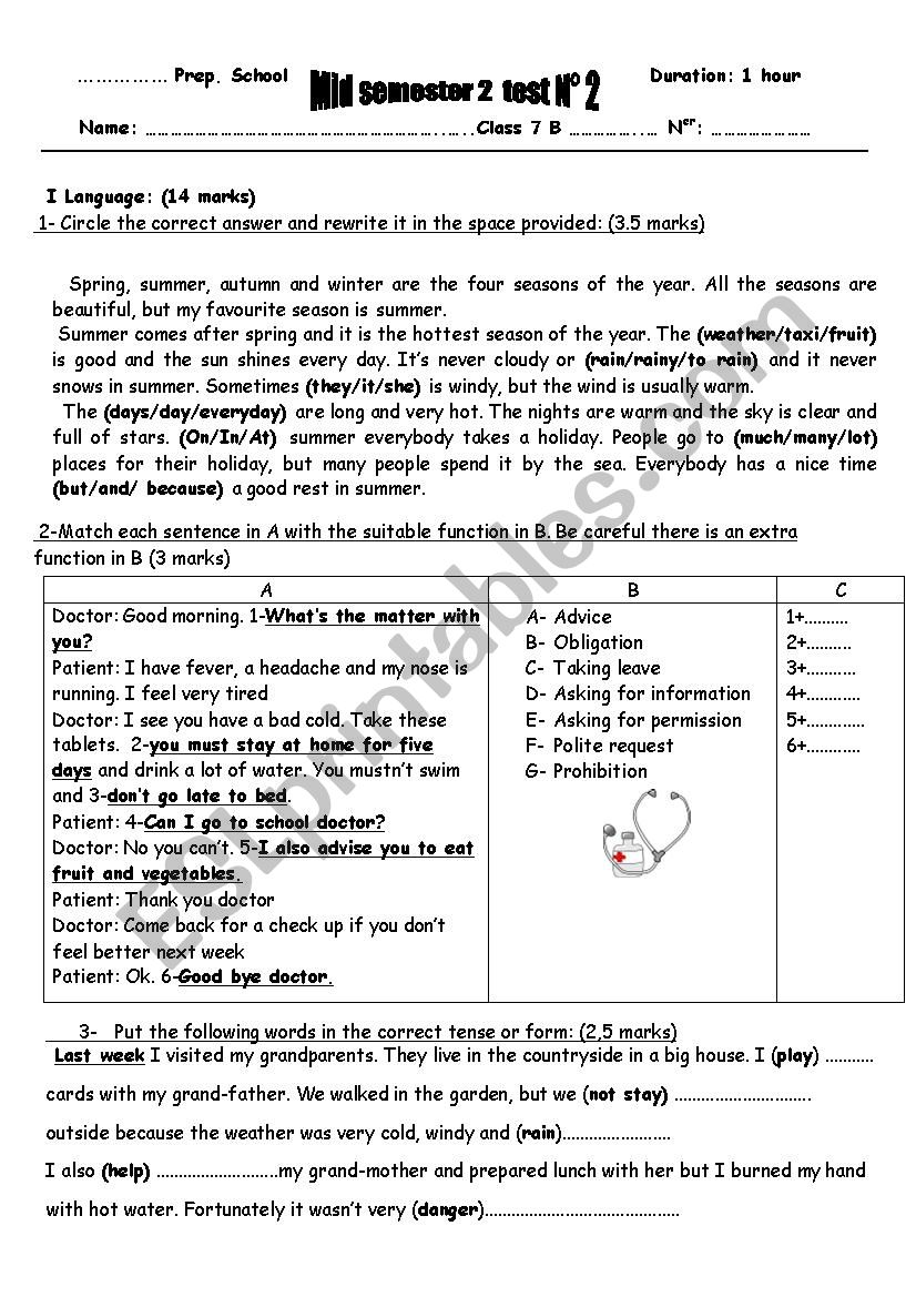 Mid semester 2 test 2 worksheet