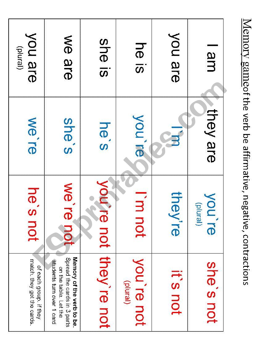 3 stack memory game VERB BE worksheet