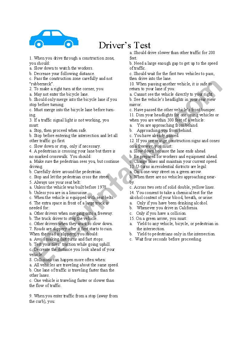 drivings license test worksheet