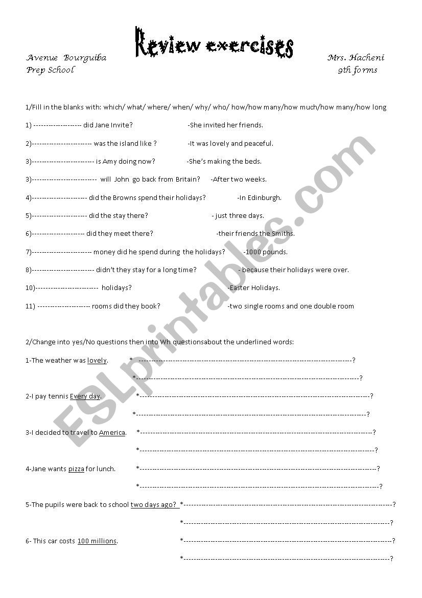 Review Exercises 9th forms worksheet
