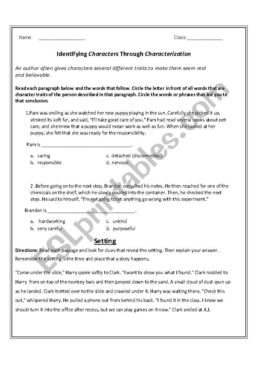 character and setting worksheet