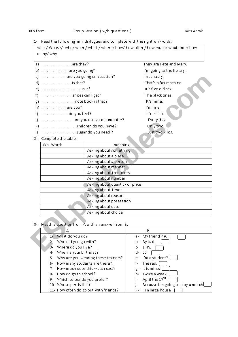 wh/ yes /no questions worksheet