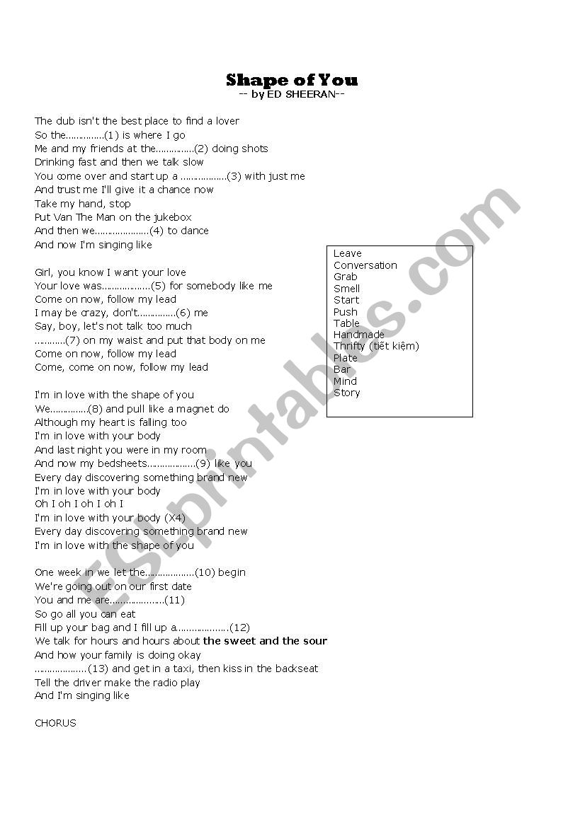 Shape of You - Ed Sheeran worksheet