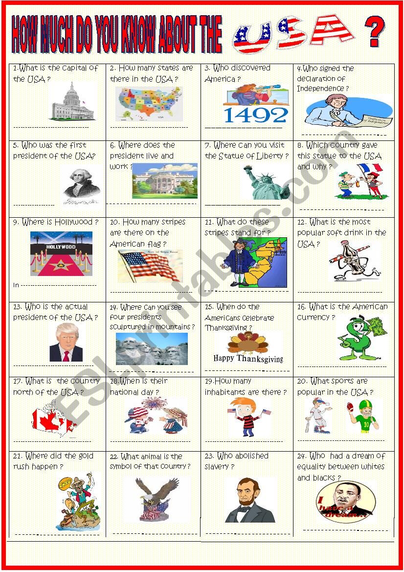 USA quiz with KEY worksheet