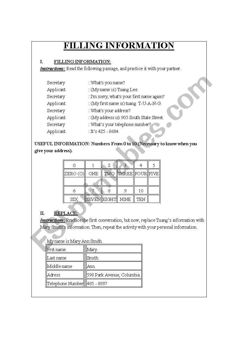 FILLING INFORMATION worksheet