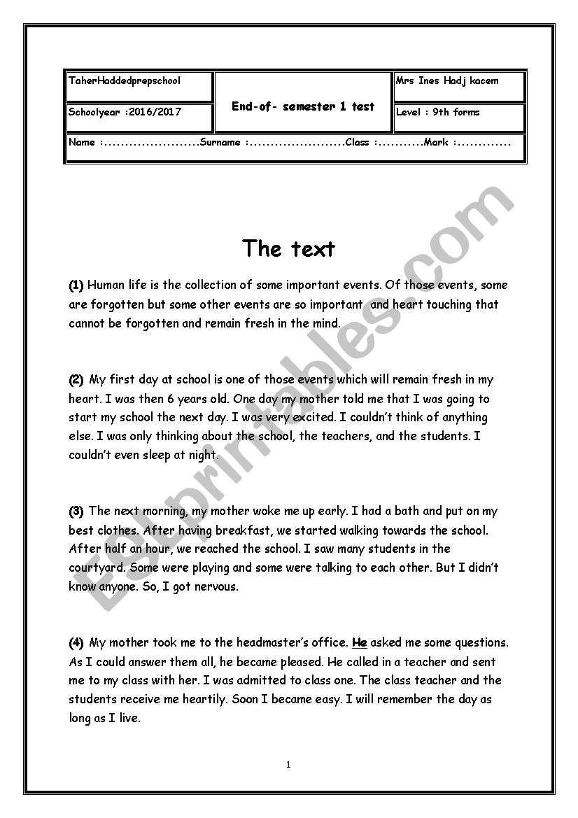 9th form full semester test worksheet