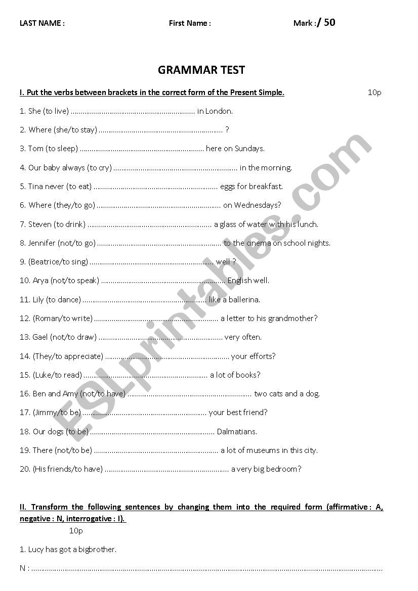 Grammar Worksheet worksheet