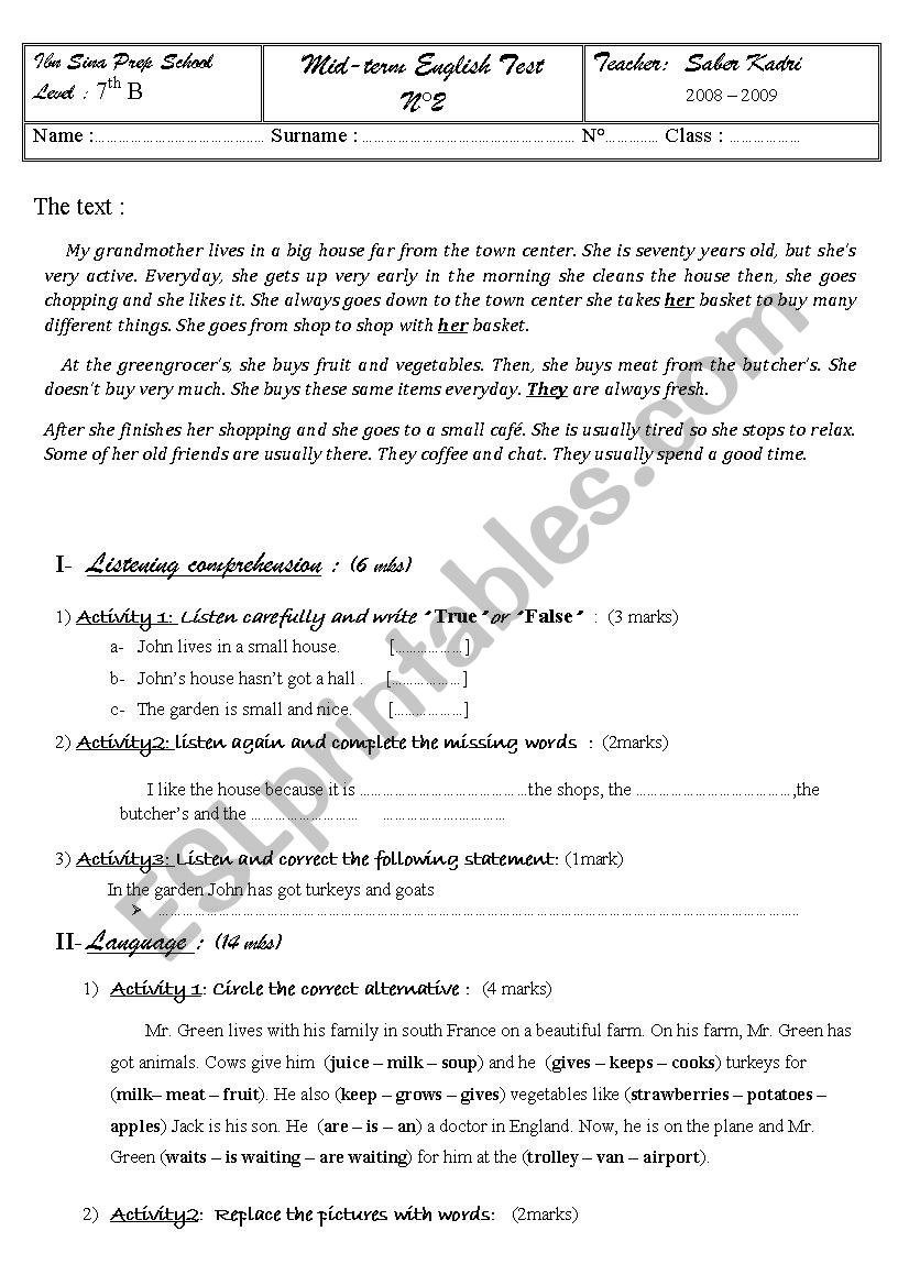 mid semester 7th form worksheet