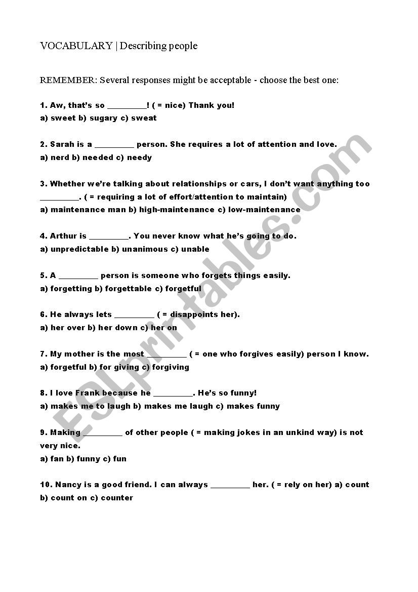 Describing People _ worksheet worksheet