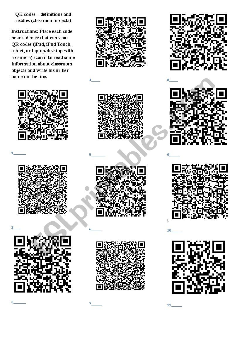 QR codes  definitions and riddles (classroom objects)