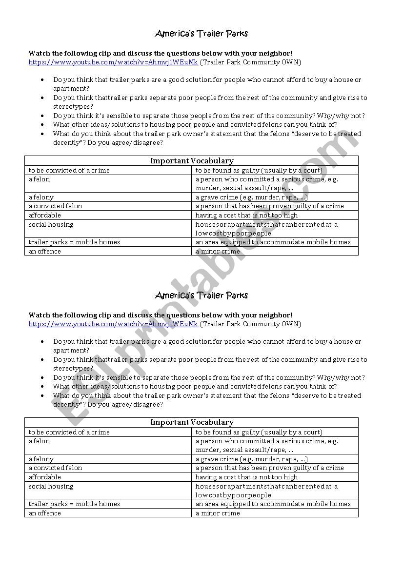 Americas Trailer Parks worksheet