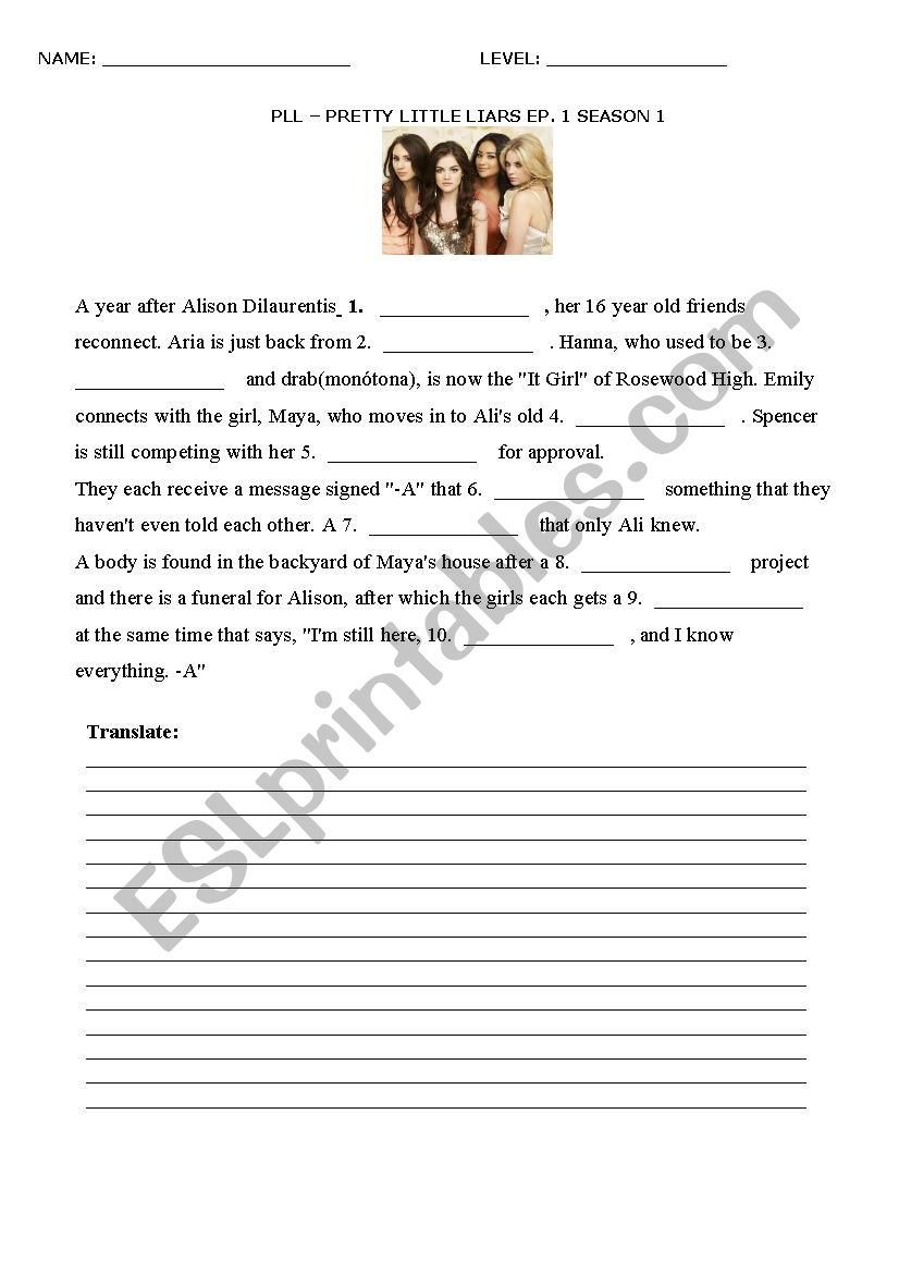 PLL - season 1 - episode 1 worksheet