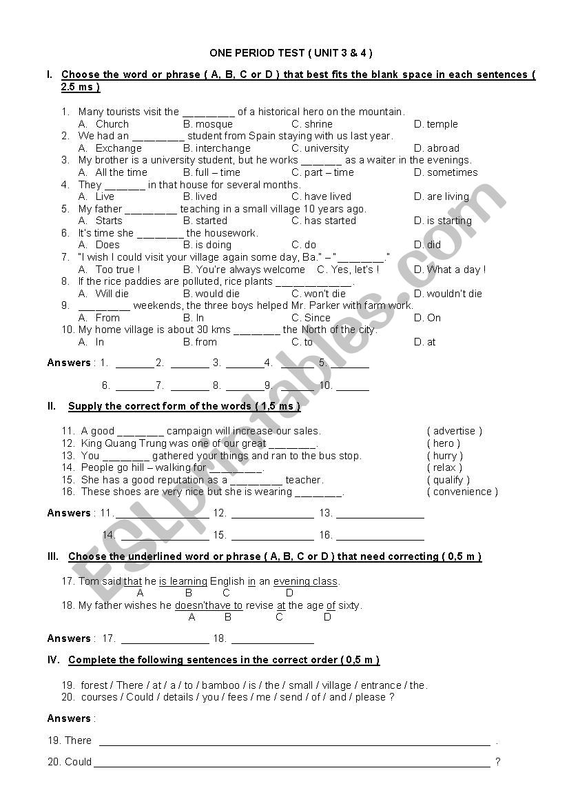 ONE PERIOD TEST worksheet