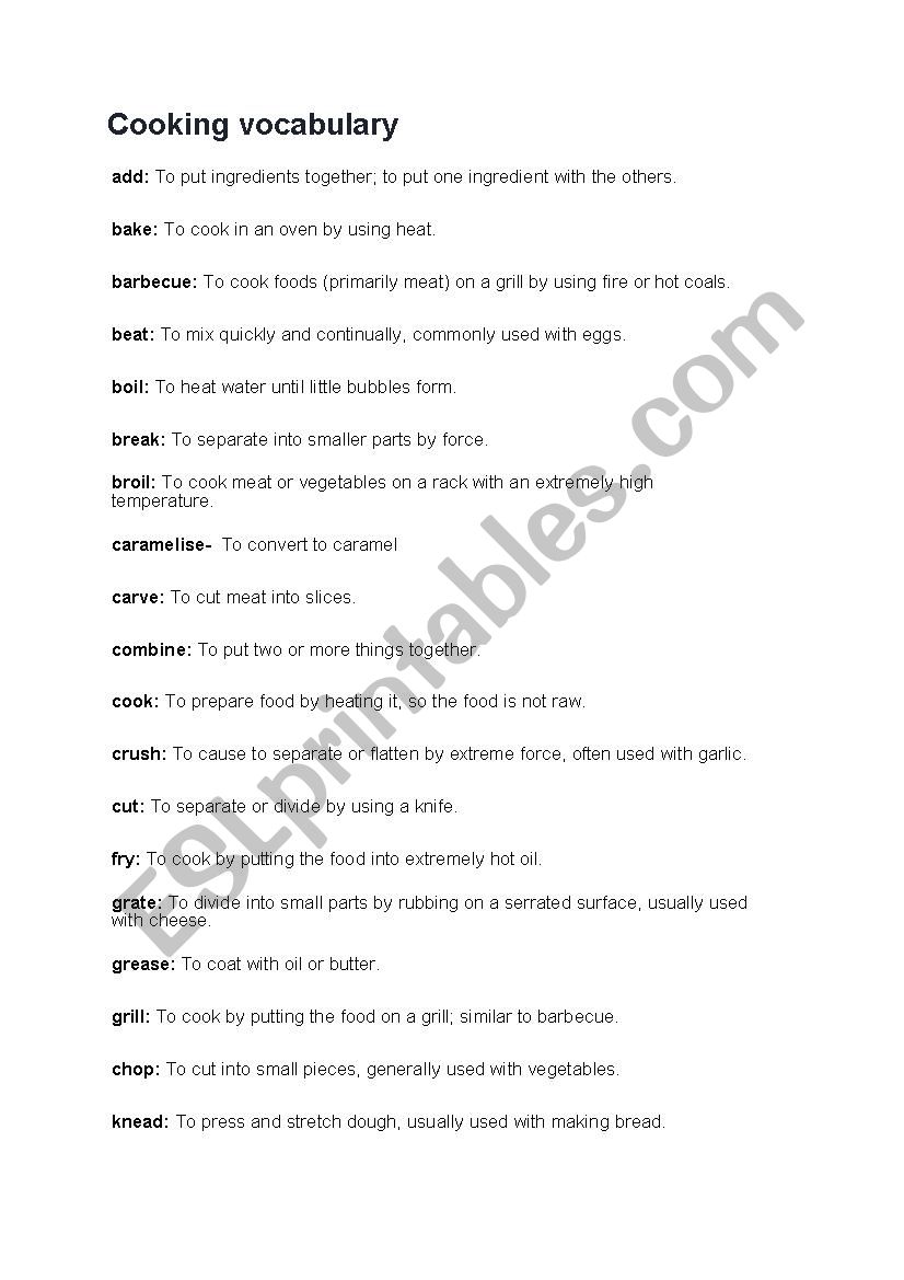 Cooking activities worksheet