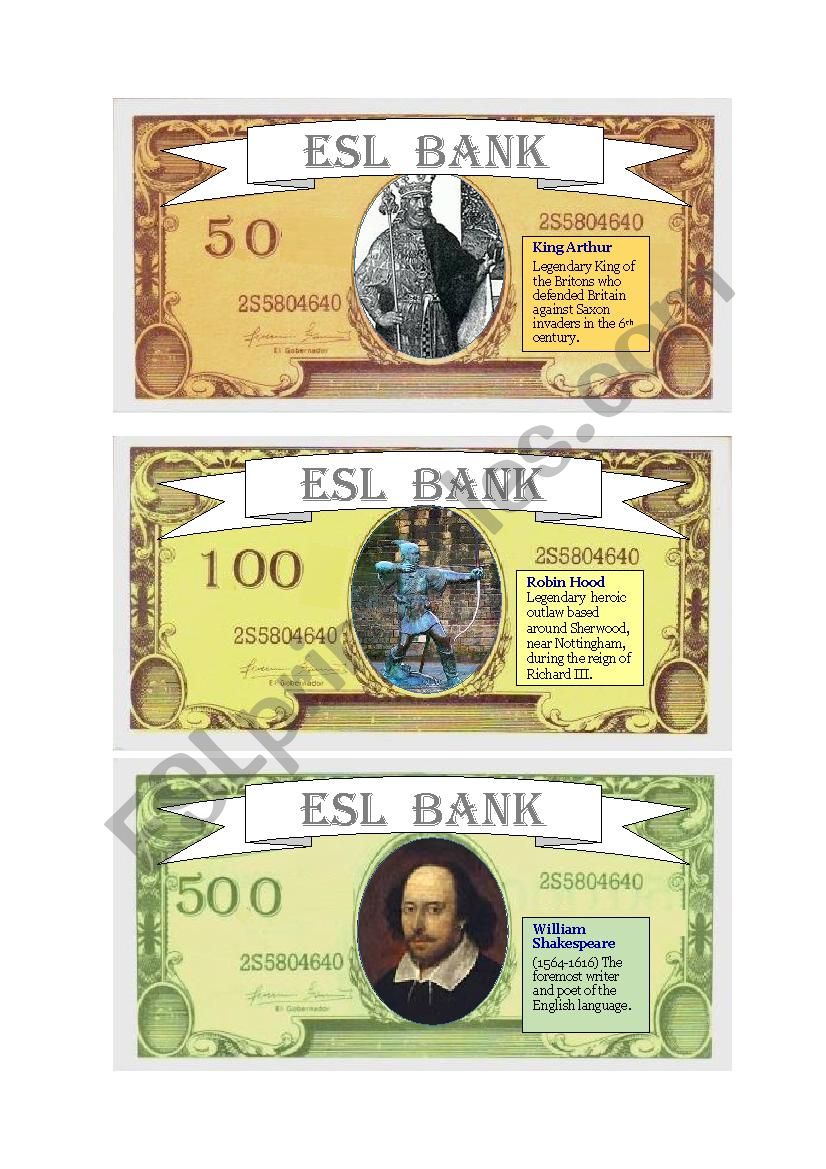 ESL bank notes worksheet