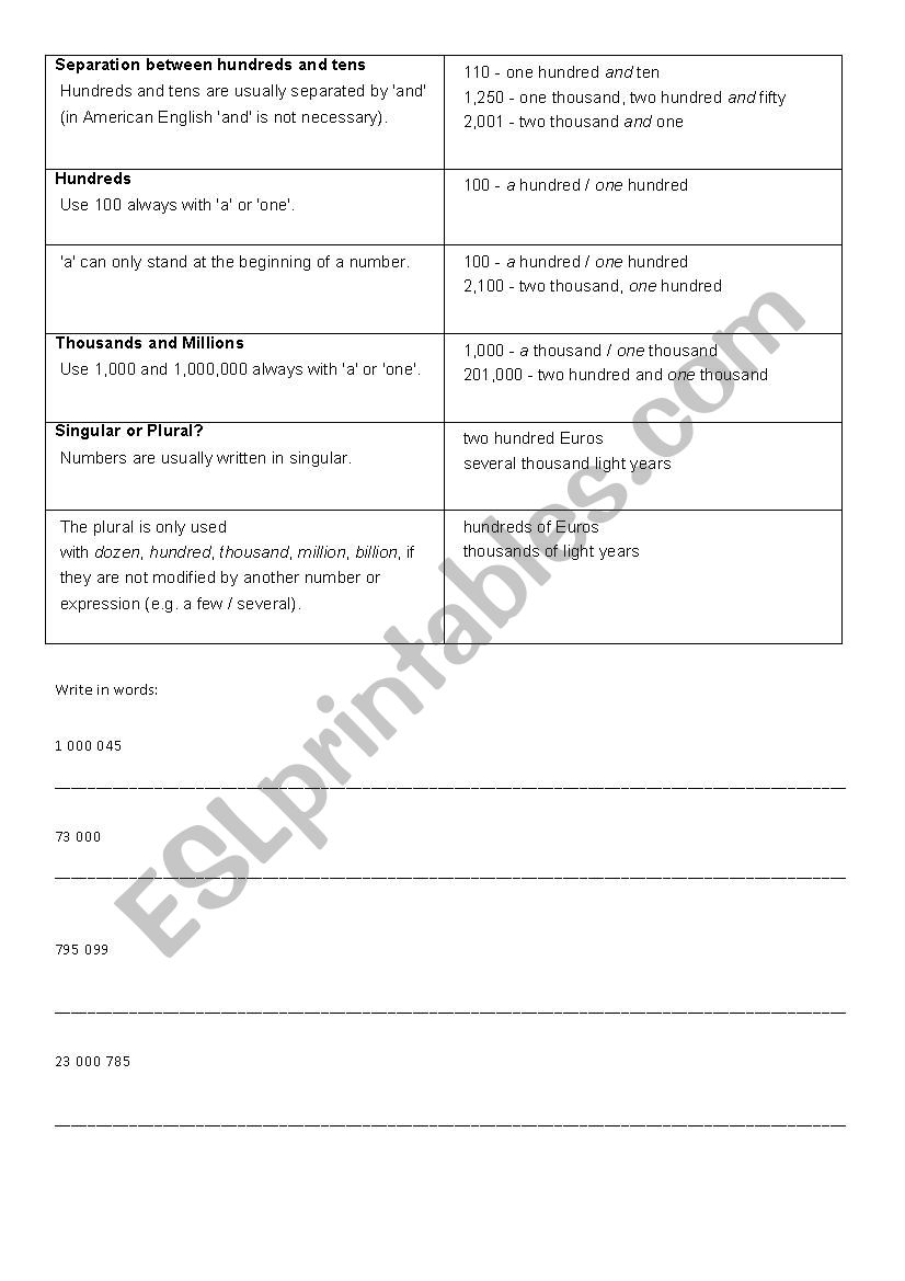 Numbers worksheet