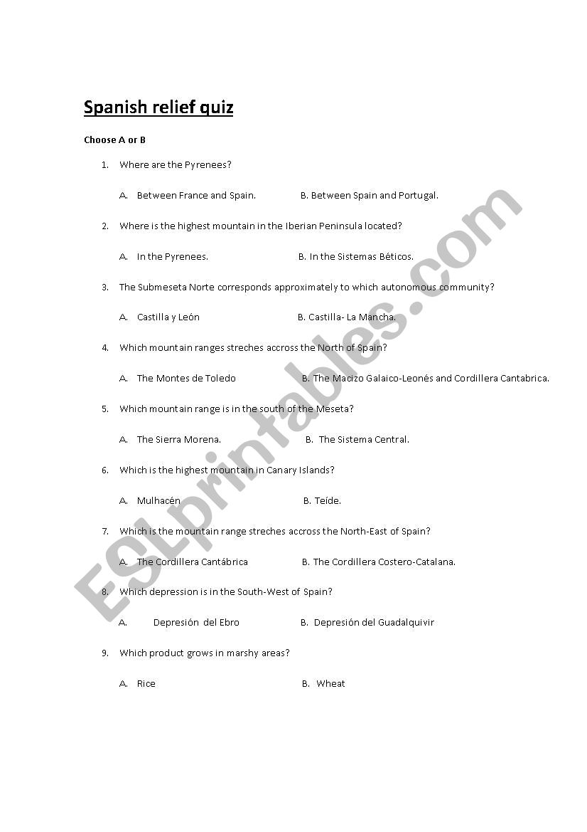 Spanish relief quiz worksheet