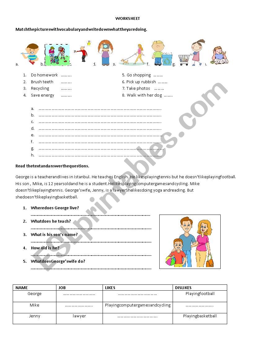 worksheet about likes and dislikes, and some basic action words.