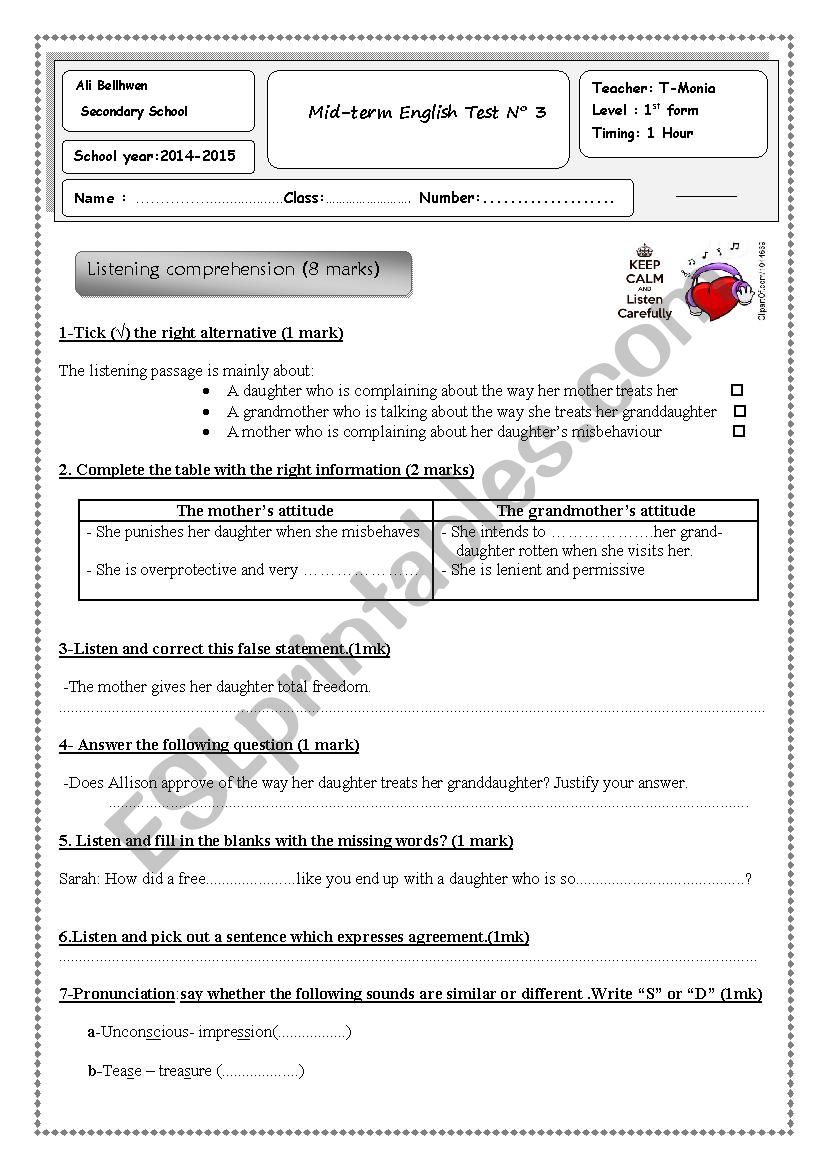 Mid Term Test N1 worksheet