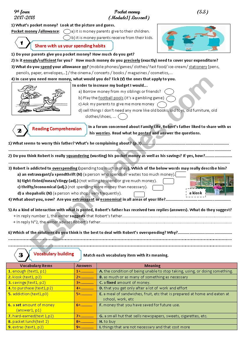 pocket money worksheet