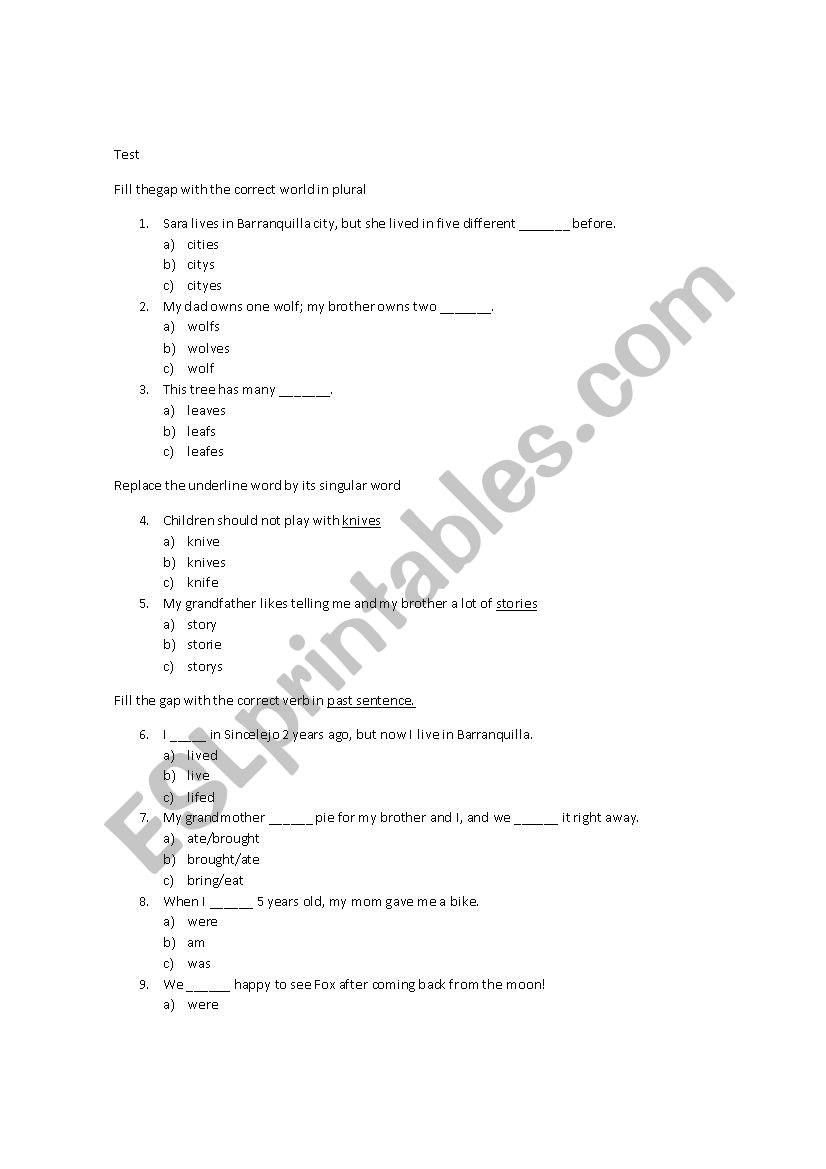 Past tenses + plural/singular nouns
