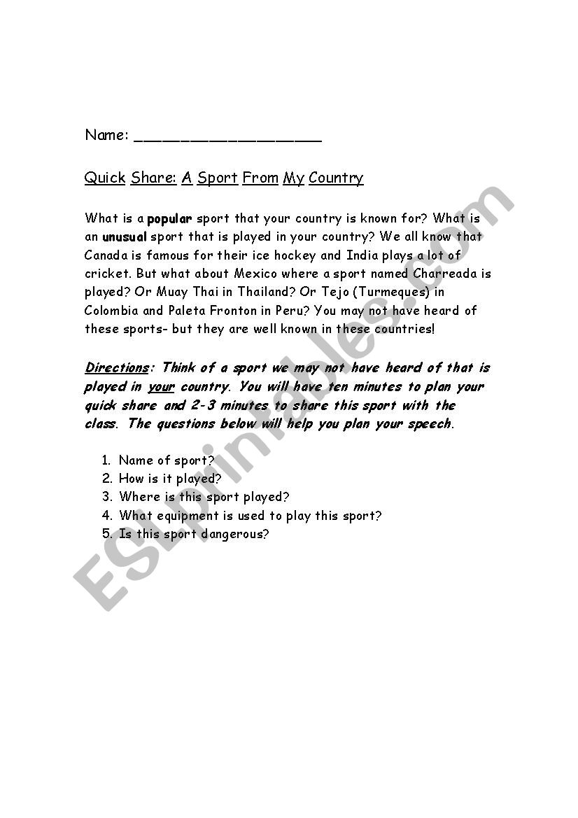Quick Share: Extreme Sports worksheet
