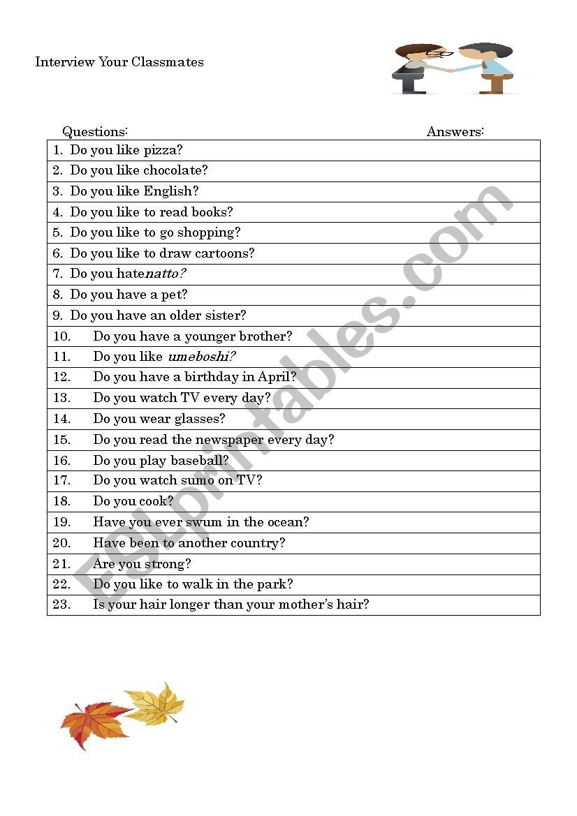 Interview your classmates worksheet