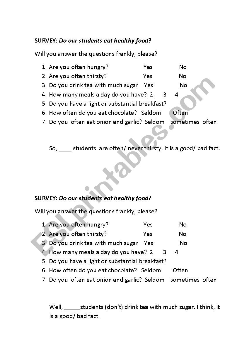 Survey on food worksheet