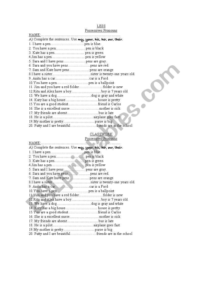 possessive pronouns worksheet