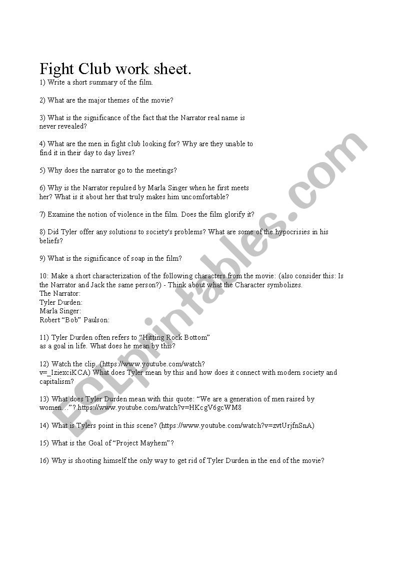 Fight Club Work sheet worksheet