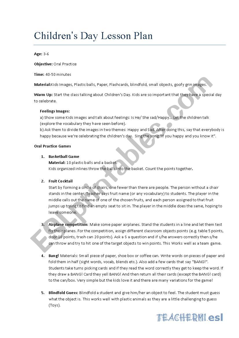 Chindrens Day lesson Plan worksheet