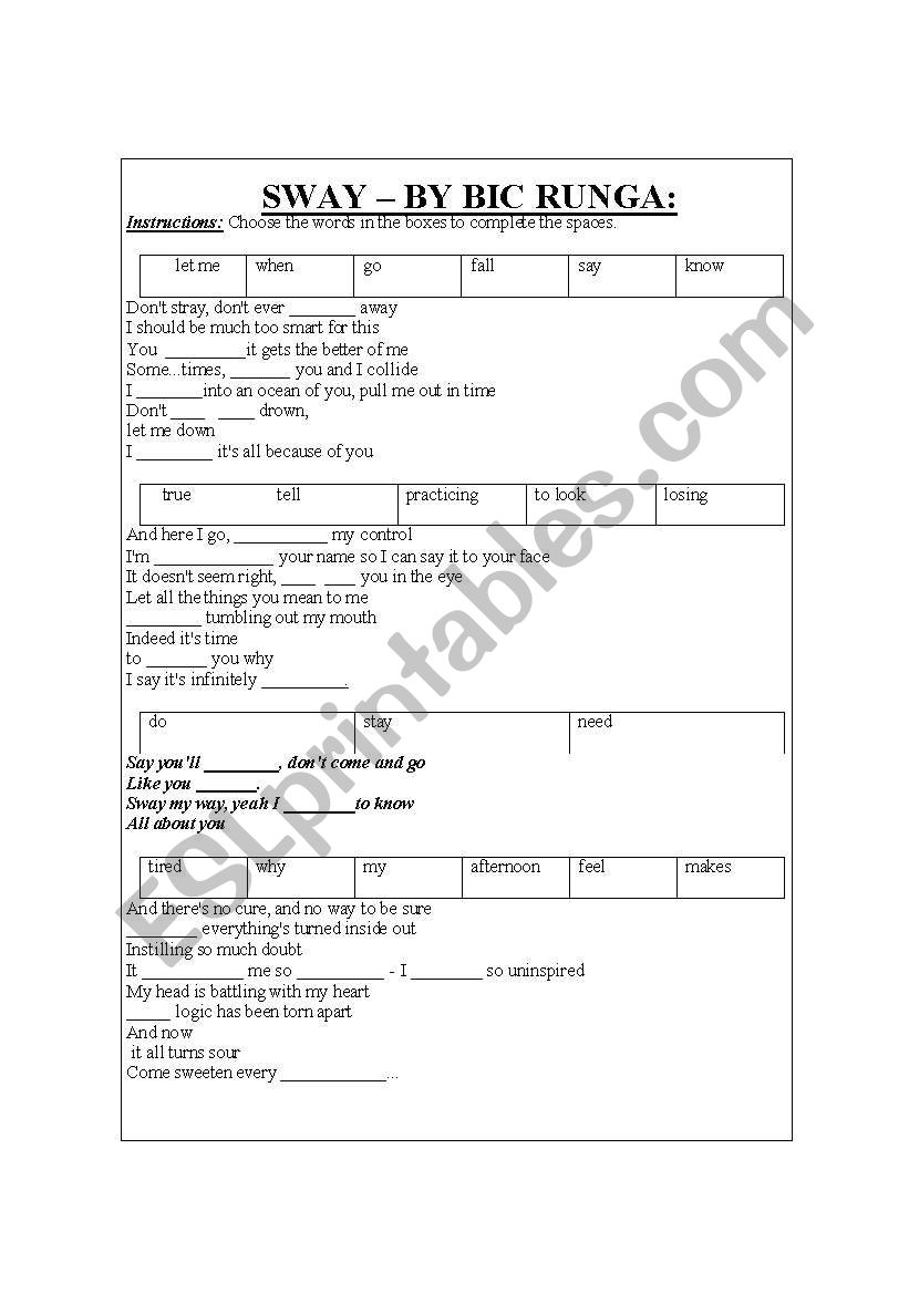 SWAY - By Bic Runga (song) worksheet