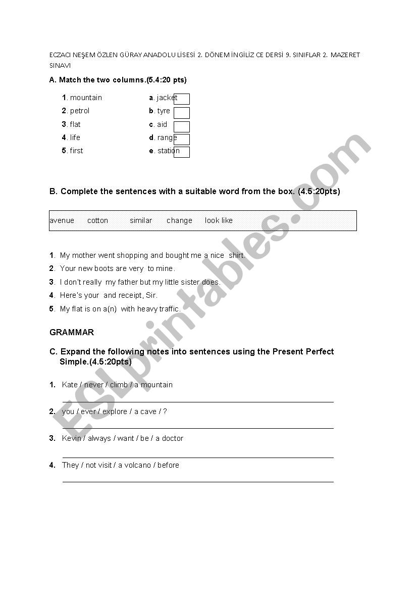 English literature exam worksheet