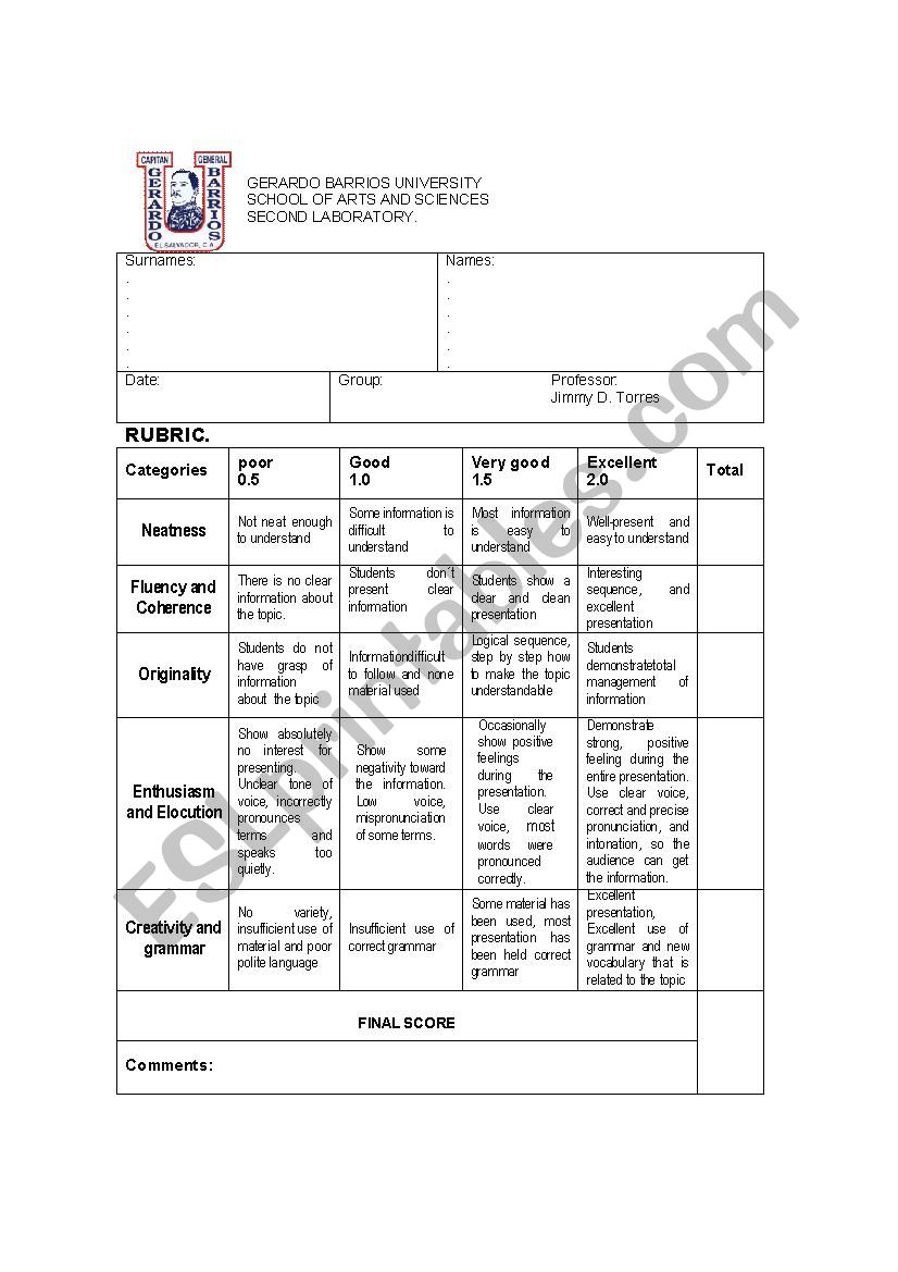 Oral Presentation Rubric worksheet