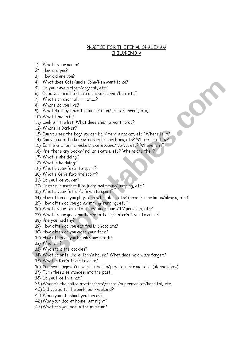 Questions Review worksheet