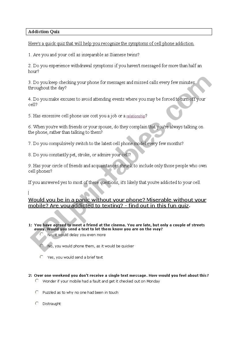 Addiction Quiz worksheet