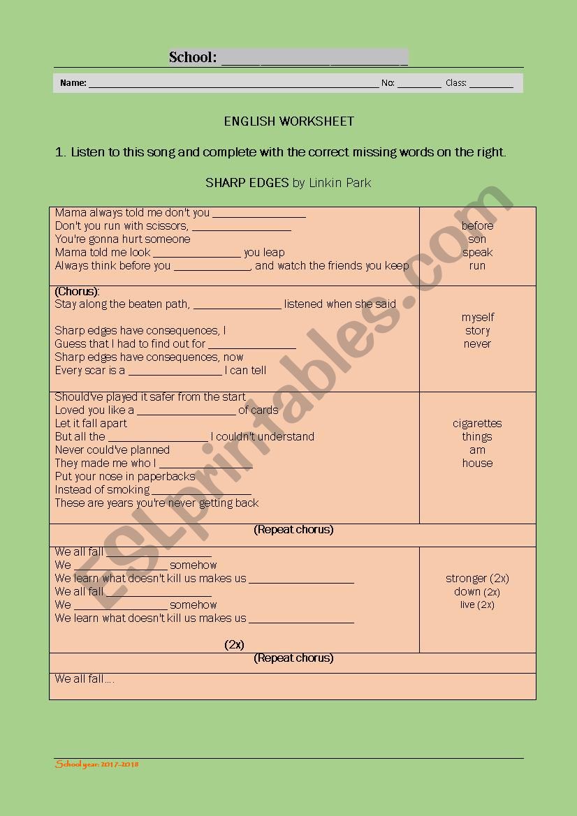SHARP EDGES by Linkin Park worksheet