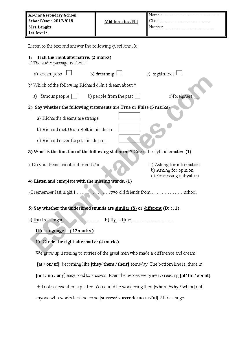 English mid term exam 1st grade secondary school Tunisian students